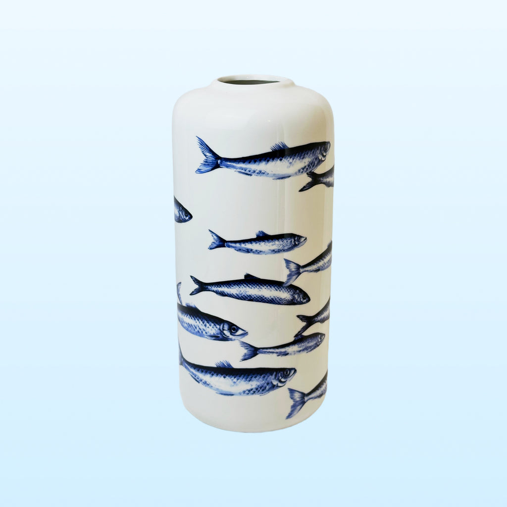 Heinen Delfts Blauw cilindervaas vissen
