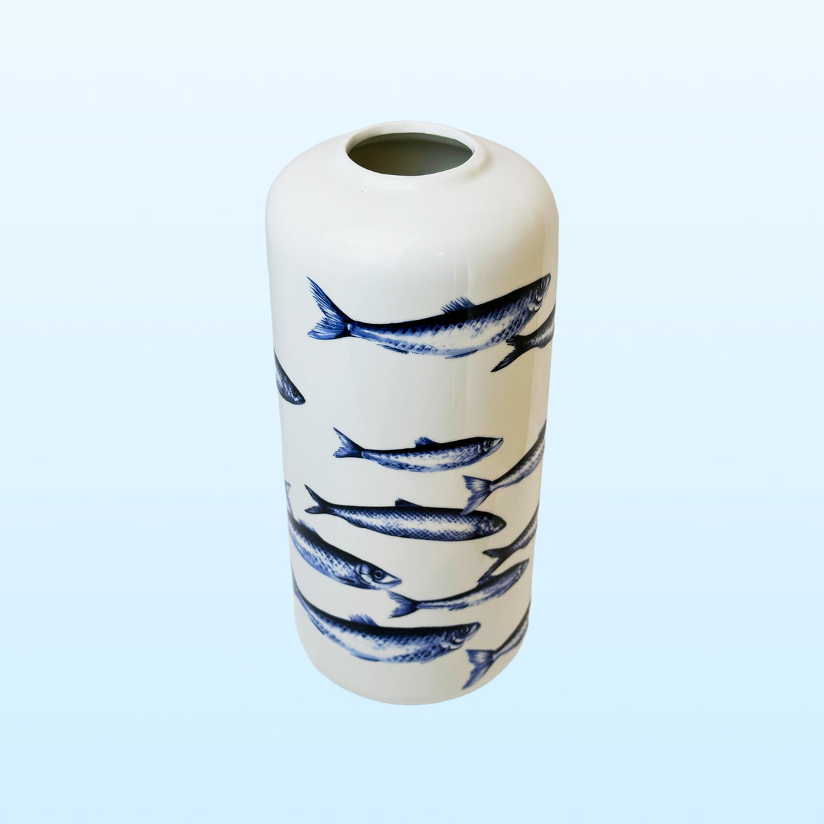 Heinen Delfts Blauw cilindervaas vissen
